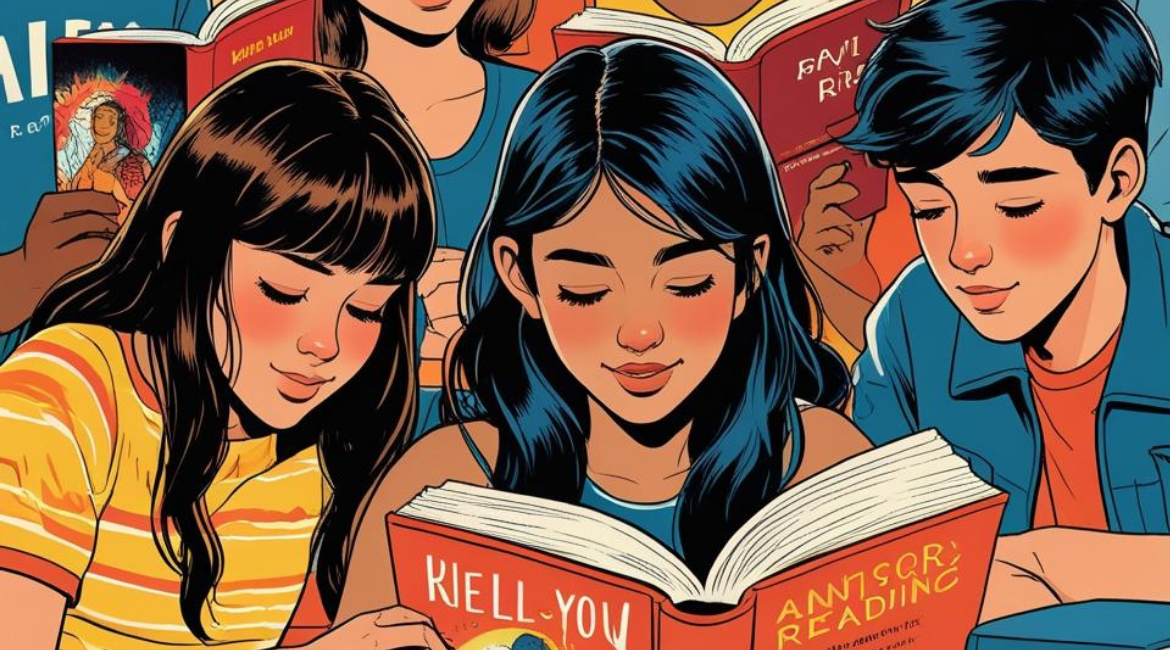 Ein Junge und zwei Mädchen lesen gemeinsam ein Buch mit einem orangefarbenen Cover. Ein Junge und zwei Mädchen lesen gemeinsam ein Buch mit einem orangefarbenen Cover.