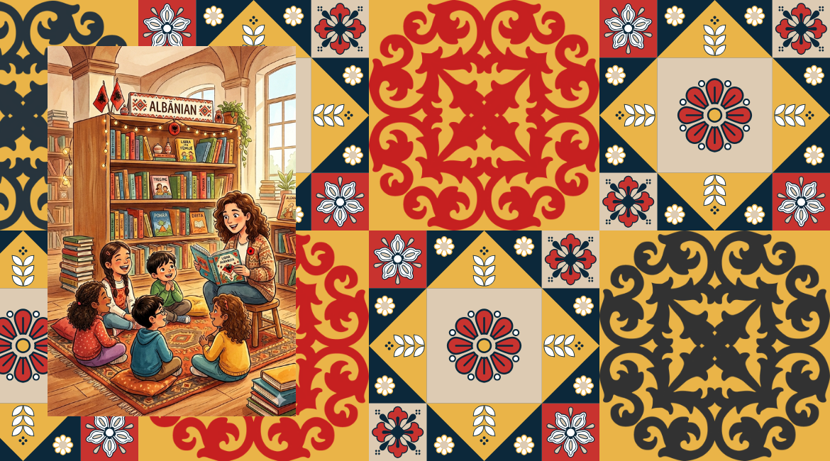 Auf dem Bild ist eine Bibliothekarin zu sehen, die Kindern Geschichten auf Albanisch vorliest, hinter ihr steht ein Regal mit albanischen Büchern. Im Hintergrund ist ein abstraktes Muster zu erkennen, das an die typischen Verzierungen der traditionellen albanischen Stickkunst erinnert.