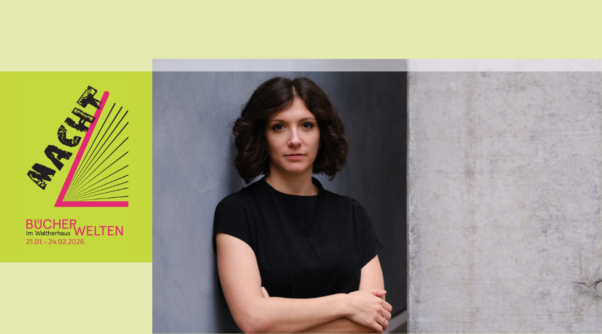 Das Logo der Veranstaltung „Büchewelten 2026” ist neben dem Foto der Schriftstellerin Maddalena Fingerle zu sehen. Der Hintergrund ist giftgrün.