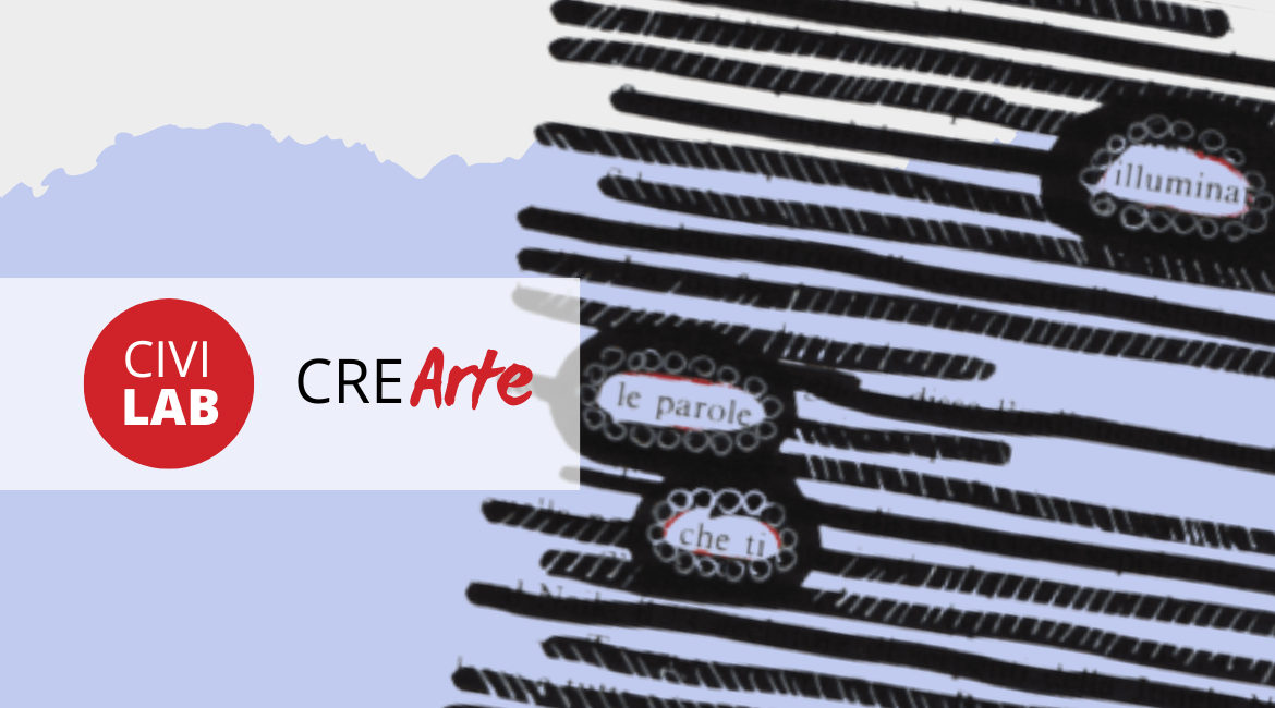 Eine mit der Caviardage-Methode gelöschte Textseite befindet sich auf einem blauen Hintergrund. Über dem Bild ist das Logo von „CIVILab – CreArte” zu sehen.