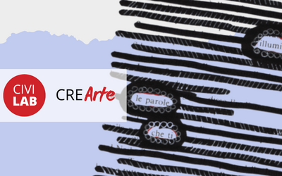Eine mit der Caviardage-Methode gelöschte Textseite befindet sich auf einem blauen Hintergrund. Über dem Bild ist das Logo von „CIVILab – CreArte” zu sehen.