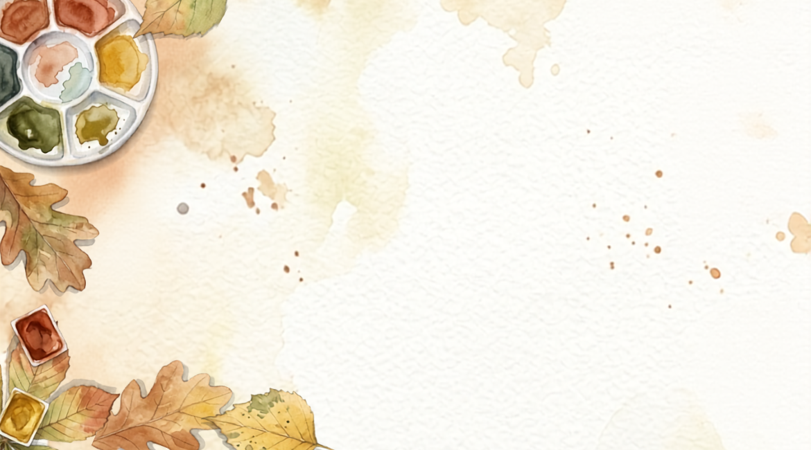 Nell'immagine si vedono foglie autunnali e una palette di colori ad acquerello su uno sfondo beige.