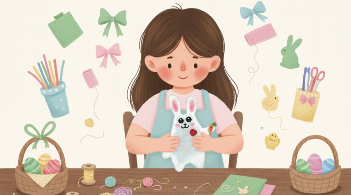 Auf der Illustration ist ein kleines Mädchen mit braunen Haaren zu sehen, das ein Häschen aus weißem Stoff bastelt, umgeben von Dekorationen.