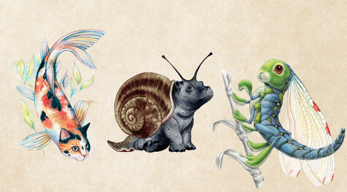 Auf dem Bild sind drei von Eleonora Pace gezeichnete fantastische Tiere zu sehen: eine Katze-Karpfen, ein Nilpferd-Schnecke und ein Kaninchen-Libelle.
