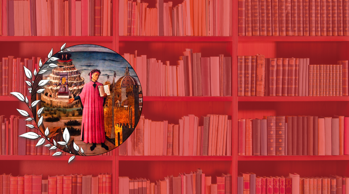 Auf dem Bild ist eine gemalte Darstellung von Dante in einem runden Rahmen mit Lorbeerblättern zu sehen. Im Hintergrund ist ein Regal voller Bücher zu sehen.