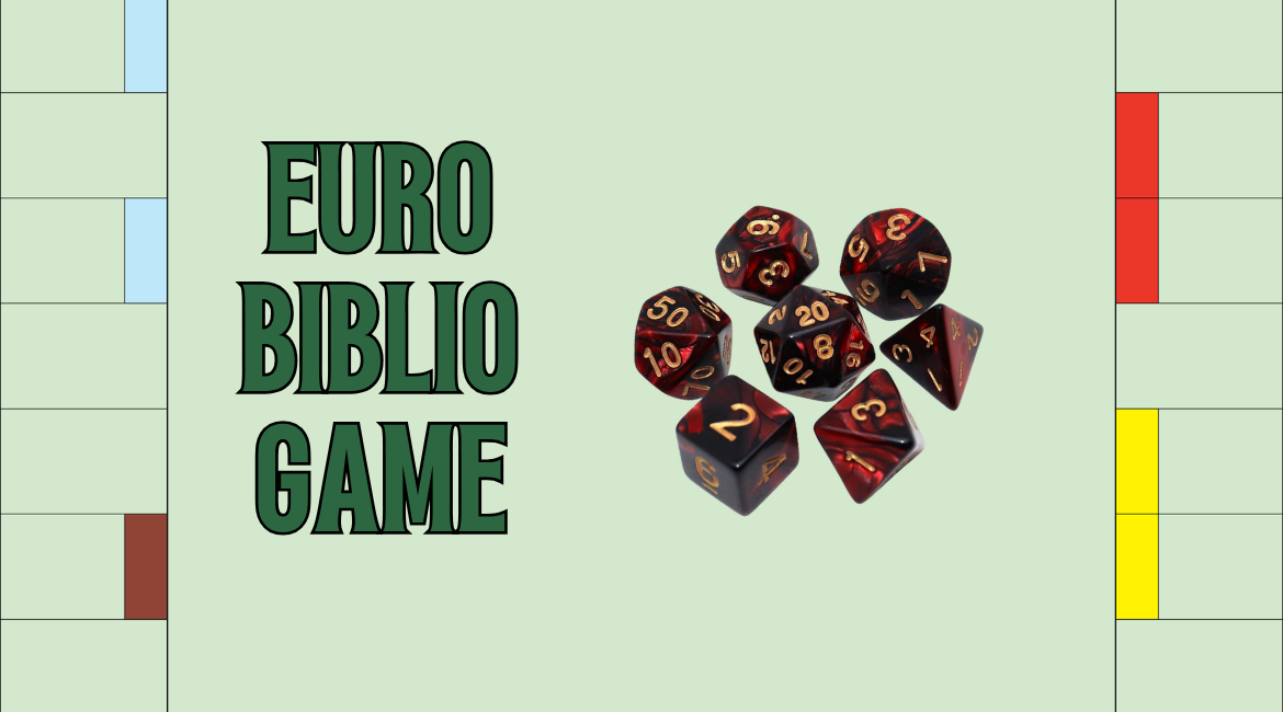 Auf dem Bild sind das Monopoly-Spielbrett, einige Würfel und der Schriftzug „Euro Bibliogame“ zu sehen.