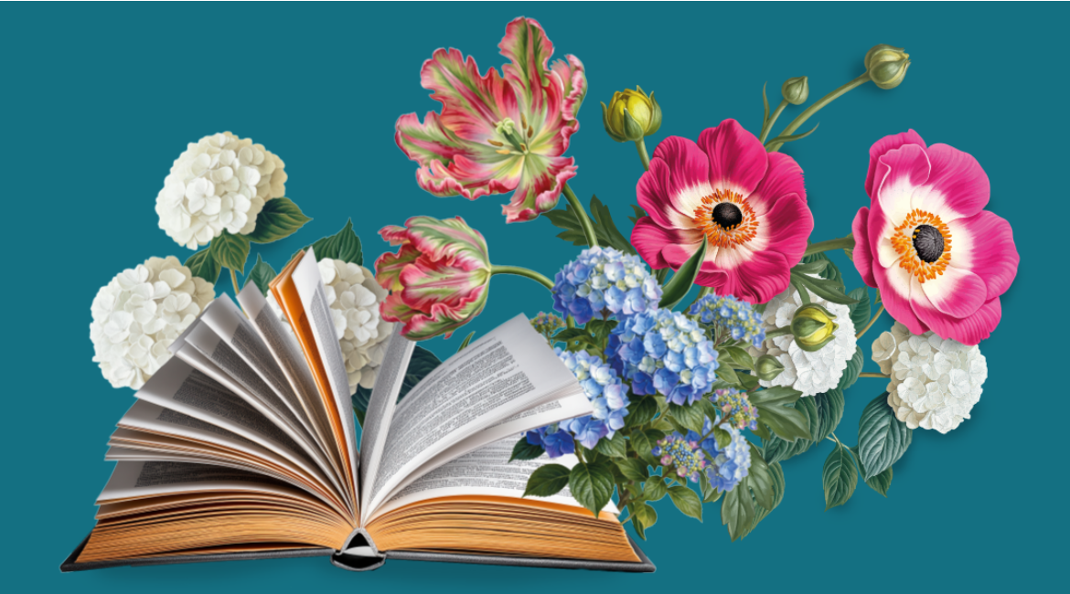 Auf dem Bild ist ein aufgeschlagenes Buch zu sehen, aus dem bunte Blumen herausragen. Der Hintergrund ist tealfarben.