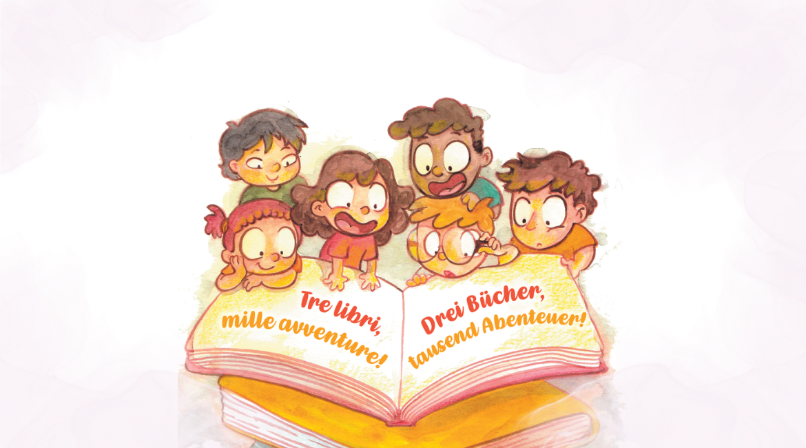 Auf dem Bild ist eine Illustration zu sehen, die einige Kinder zeigt, die an einem Buch festhalten und fliegen.