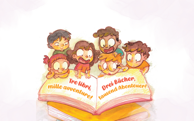Auf dem Bild ist eine Illustration zu sehen, die einige Kinder zeigt, die an einem Buch festhalten und fliegen.