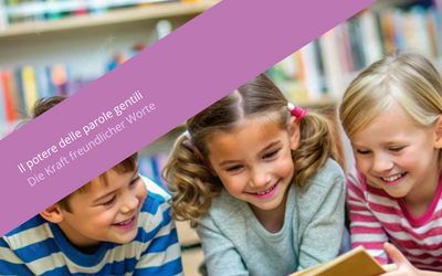 Auf dem Bild sind drei Kinder zu sehen, die lesen. Vor dem Bild befindet sich ein violettes Band mit der Aufschrift „Il potere delle parole gentili. Die Kraft freundlicher Worte“.