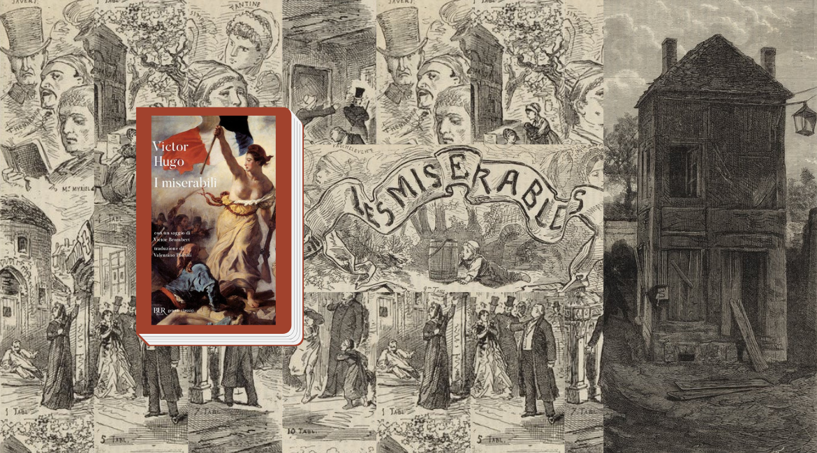 Das Cover des Buches „I miserabili“ von Victor Hugo befindet sich auf einem Hintergrund mit einer Collage aus schwarz-weißen Illustrationen des Romans aus dem 19. Jahrhundert.