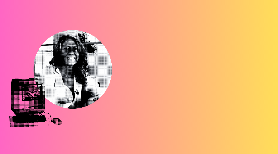 Schwarz-Weiß-Foto von Michela Milano vor einem Hintergrund, der von Fuchsia zu Gelb übergeht, daneben das Bild eines alten Computers. Schwarz-Weiß-Foto von Michela Milano vor einem Hintergrund, der von Fuchsia zu Gelb übergeht, daneben das Bild eines alten Computers.