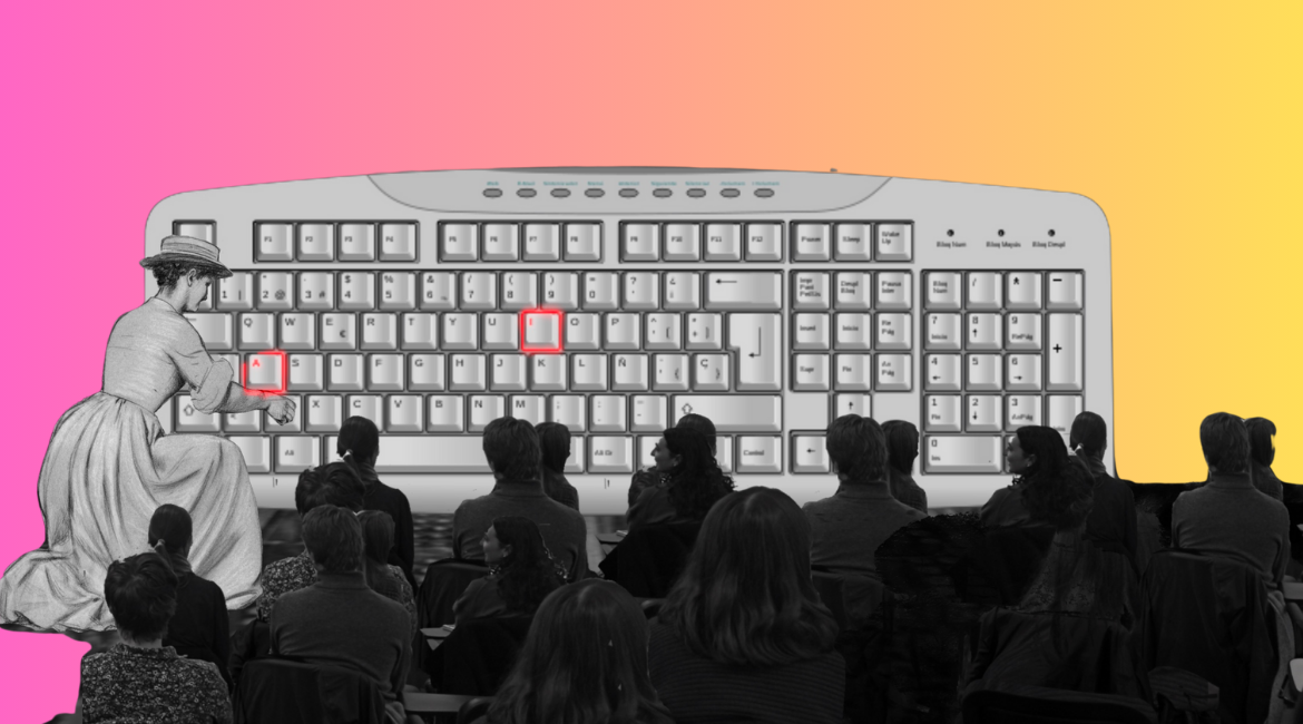 Eine Frau in Kleidung aus dem 19. Jahrhundert drückt die Tasten „A” und „I” auf einer großen Computertastatur vor einem Publikum, das mit dem Rücken zu ihr sitzt. Der Hintergrund verblasst von Fuchsia zu Gelb. Eine Frau in Kleidung aus dem 19. Jahrhundert drückt die Tasten „A” und „I” auf einer großen Computertastatur vor einem Publikum, das mit dem Rücken zu ihr sitzt. Der Hintergrund verblasst von Fuchsia zu Gelb.
