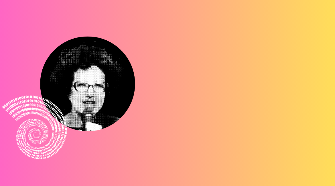 Schwarz-Weiß-Foto von Daniela Tafani vor einem Hintergrund, der von Fuchsia zu Gelb übergeht, daneben eine Spirale in Binärcode. Schwarz-Weiß-Foto von Daniela Tafani vor einem Hintergrund, der von Fuchsia zu Gelb übergeht, daneben eine Spirale in Binärcode.