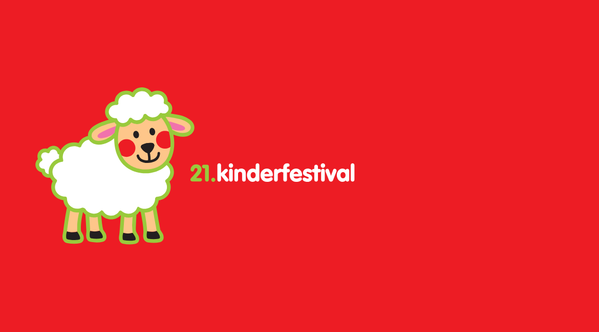 Auf dem Bild ist ein stilisiertes Schaf und die Aufschrift „21. Kinderfestival“ zu sehen. Der Hintergrund ist rot.
