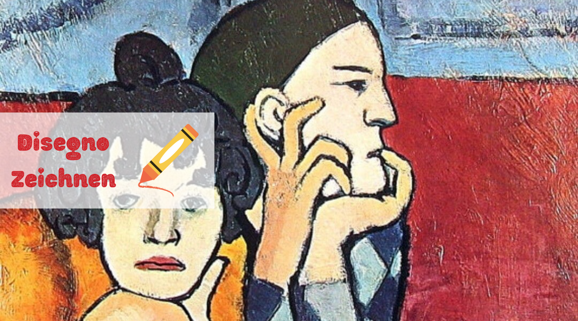 Auf dem Bild ist ein Ausschnitt aus dem Gemälde „Die beiden Gaukler“ von Pablo Picasso zu sehen. Über dem Bild steht die Aufschrift „Disegno Zeichnen“ mit dem Symbol eines gelben Pastellstifts.