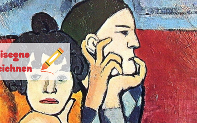 Auf dem Bild ist ein Ausschnitt aus dem Gemälde „Die beiden Gaukler“ von Pablo Picasso zu sehen. Über dem Bild steht die Aufschrift „Disegno Zeichnen“ mit dem Symbol eines gelben Pastellstifts.