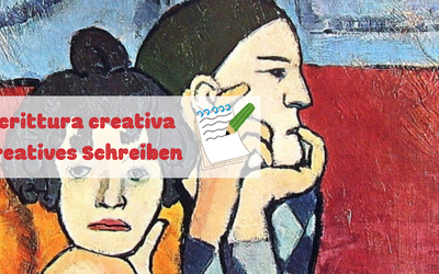 Auf dem Bild ist ein Ausschnitt aus dem Gemälde „Die beiden Gaukler“ von Pablo Picasso zu sehen. Über dem Bild steht die Aufschrift „Scrittura creativa – Kreatives Schreiben“ mit dem Symbol eines grünen Bleistifts, der auf ein Blatt Papier schreibt.
