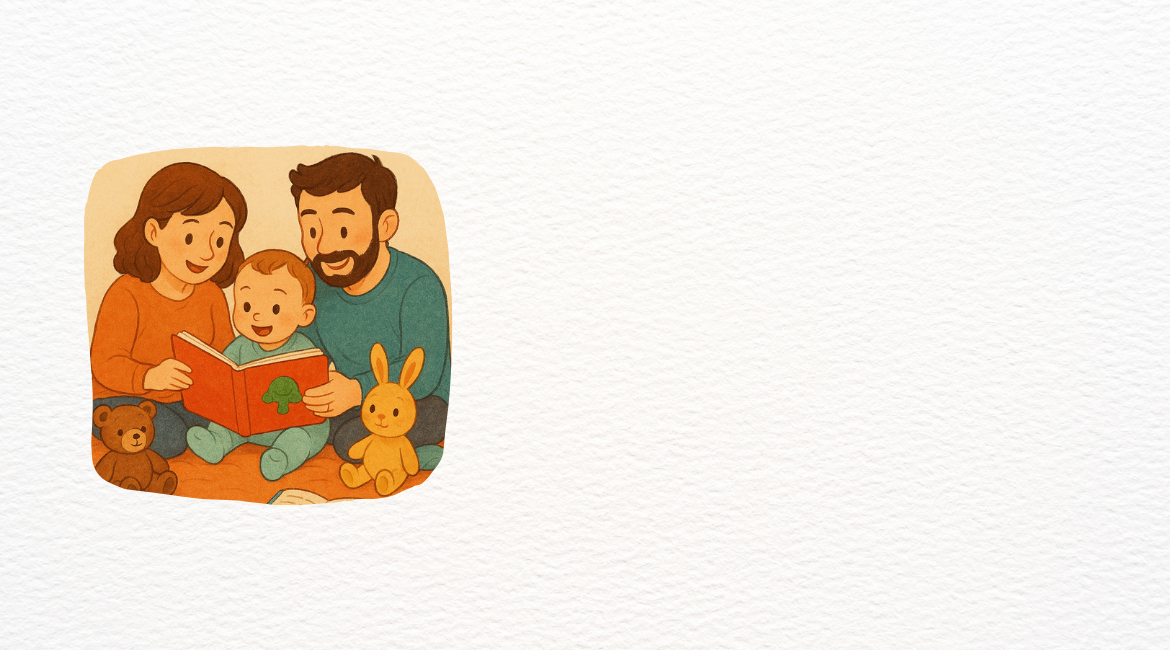 Eine Illustration, die eine Familie, bestehend aus den Eltern und ihrem Baby, beim Lesen eines Märchenbuchs zeigt.