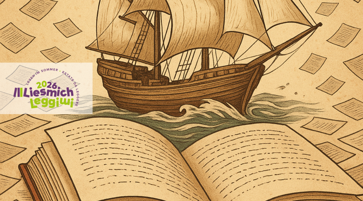 Das Bild zeigt ein Schiff, das durch ein Meer aus Büchern in Sepia-Tönen gleitet. Darüber ist das Logo des Wettbewerbs „Lismich leggimi 2026“ zu sehen.