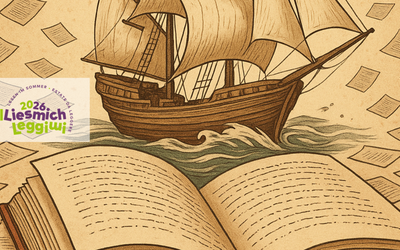 Das Bild zeigt ein Schiff, das durch ein Meer aus Büchern in Sepia-Tönen gleitet. Darüber ist das Logo des Wettbewerbs „Lismich leggimi 2026“ zu sehen.