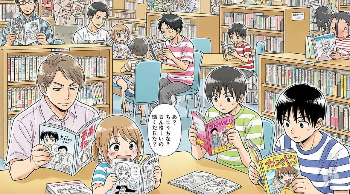 Eine Gruppe von Leuten liest Manga in der Bibliothek.