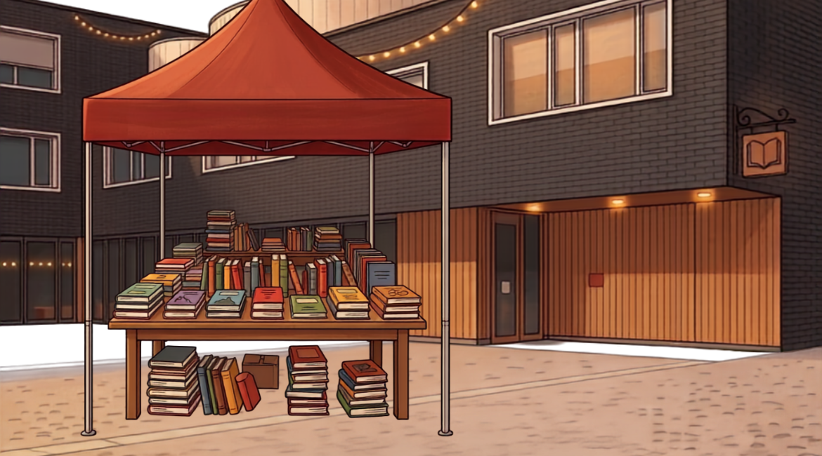 Auf dem Bild ist die Bibliothek Firmian als Cartoon-Figur zu sehen, vor der ein Bücherstand steht.