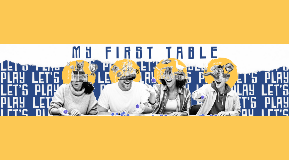 Auf einem gelb-blauen Hintergrund mit der Aufschrift „Let's play“ sind einige Schwarz-Weiß-Fotos von Spielern zu sehen, die Würfel werfen.