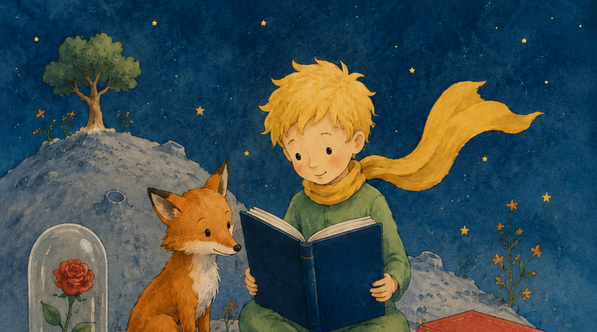 Auf dem Bild ist eine Neuinterpretation des Kleinen Prinzen im Aquarellstil zu sehen, der ein Buch liest, während neben ihm der Fuchs und die Rose sitzen.