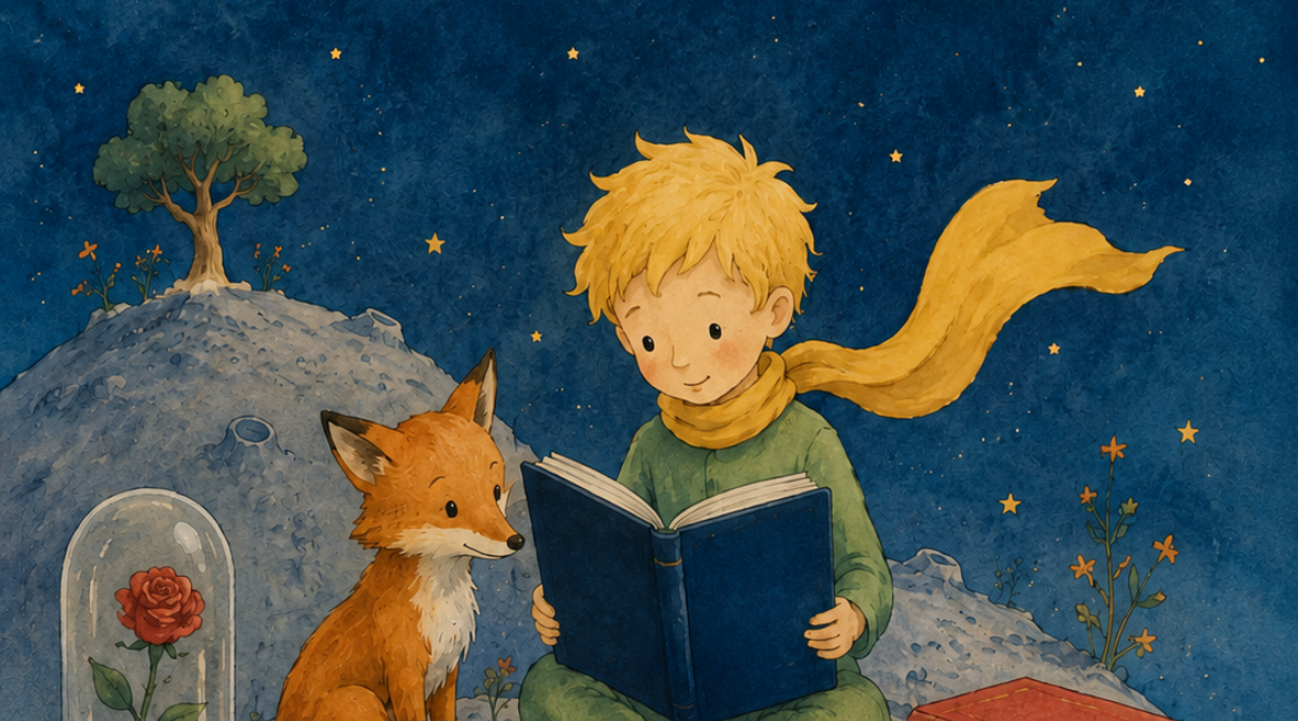 Das Bild zeigt eine von einer KI erstellte Illustration, die vom Buch „Der kleine Prinz“ inspiriert ist. Vor dem Hintergrund eines Sternenhimmels sind der kleine Prinz, der Fuchs und die Rose unter der Glasglocke zu sehen.