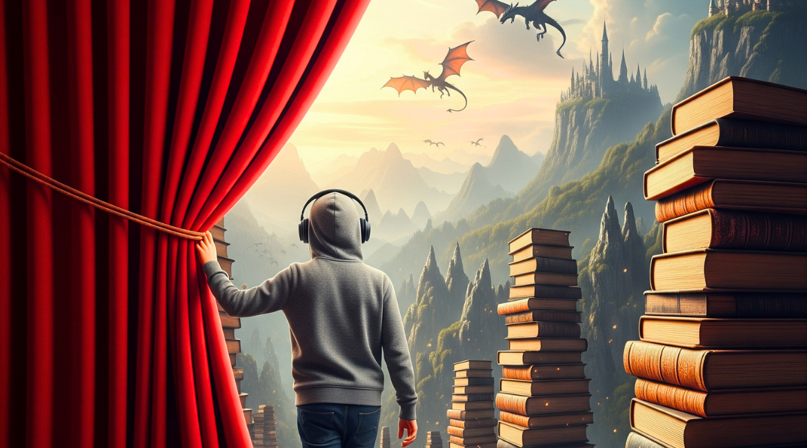Ein Junge öffnet mit dem Rücken zum Betrachter den roten Vorhang eines Theaters und entdeckt eine fantastische Welt mit Burgen, Drachen und Büchern.