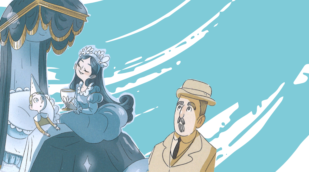 Auf dem Bild sind zu sehen Collodi und die Blaue Fee, gezeichnet von Elena Triolo. Der Hintergrund besteht aus einem blauen Pinselstrich.