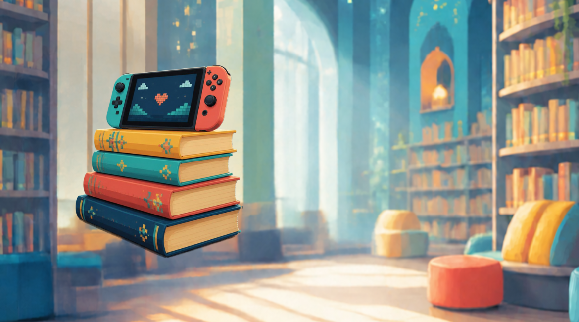 Auf dem Bild sieht man einen Stapel Bücher mit einem Controller obenauf und im Hintergrund den Lesesaal einer Bibliothek.