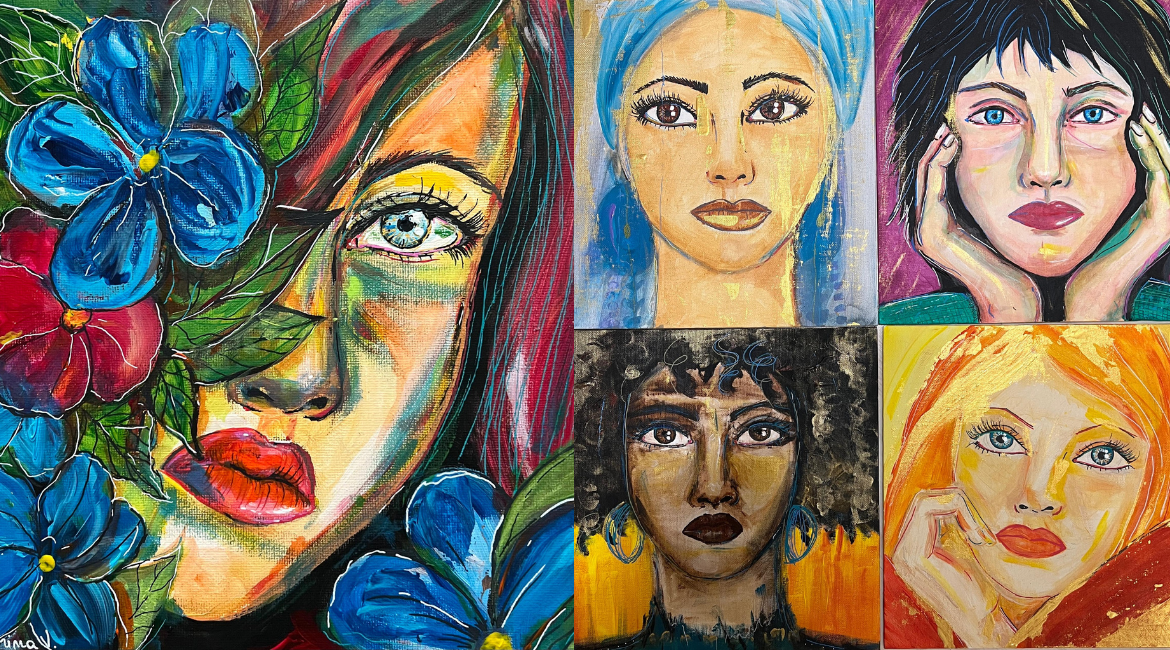 Auf dem Bild sind fünf Gemälde von Sabrina Veronesi zu sehen, die fünf verschiedene Frauen darstellen.