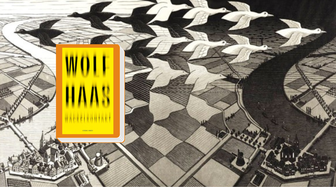 Eine Überlagerung des Covers eines Buches von Wolf Haas mit M.C. Eschers Werk "Tag und Nacht", in dem sich ein Schwarm von schwarzen und weißen Vögeln in eine Ackerlandschaft verwandelt.
